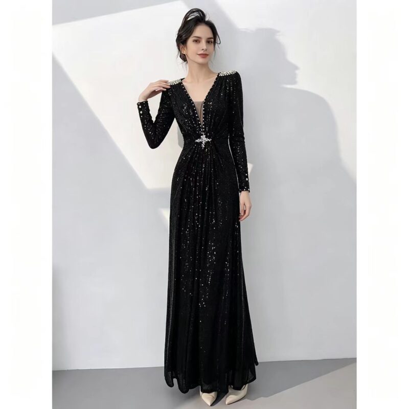 Long-Sleeve Shimmering Fashion Gown