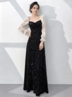 Long-sleeved color-block formal gown