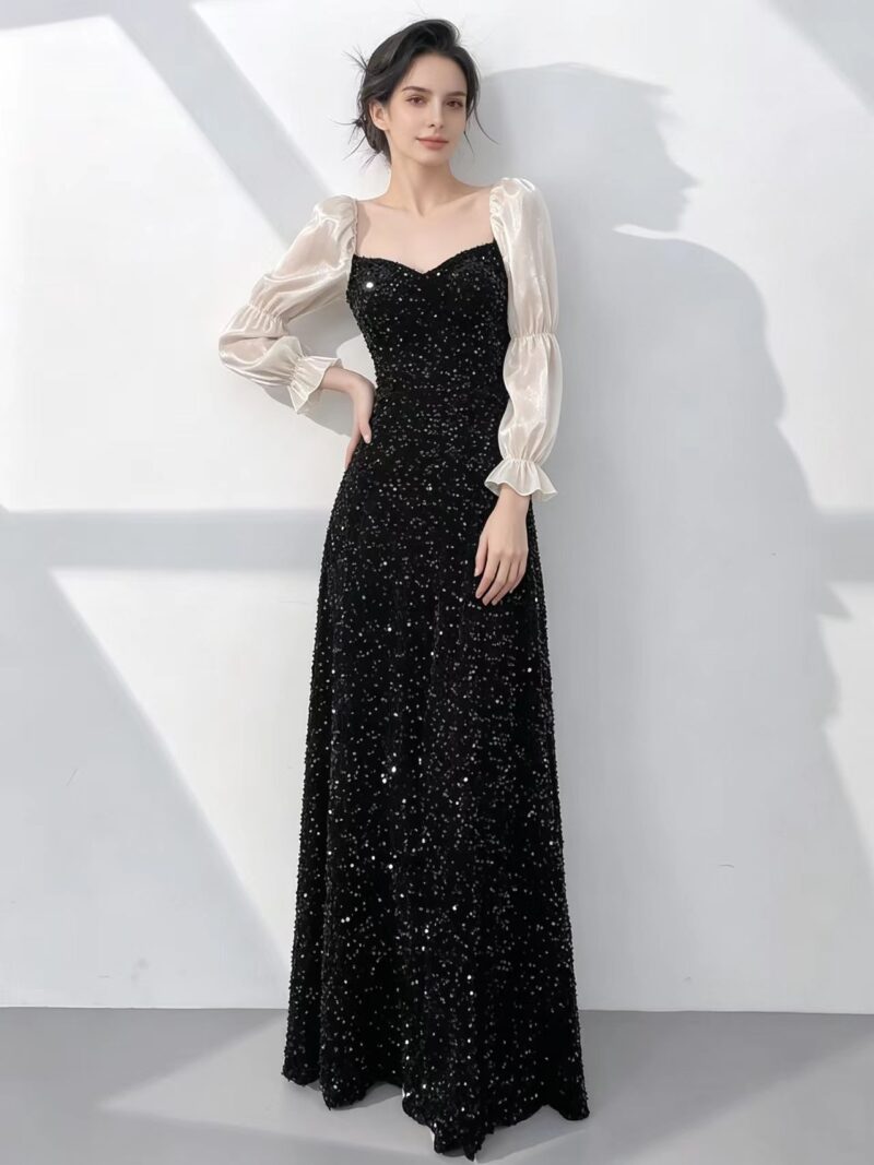 Long-sleeved color-block formal gown