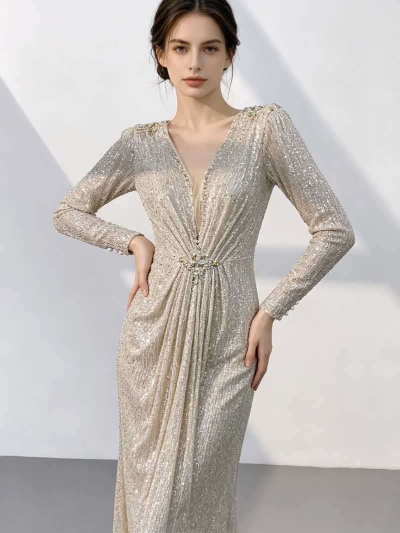 Long-Sleeve Shimmering Fashion Gown