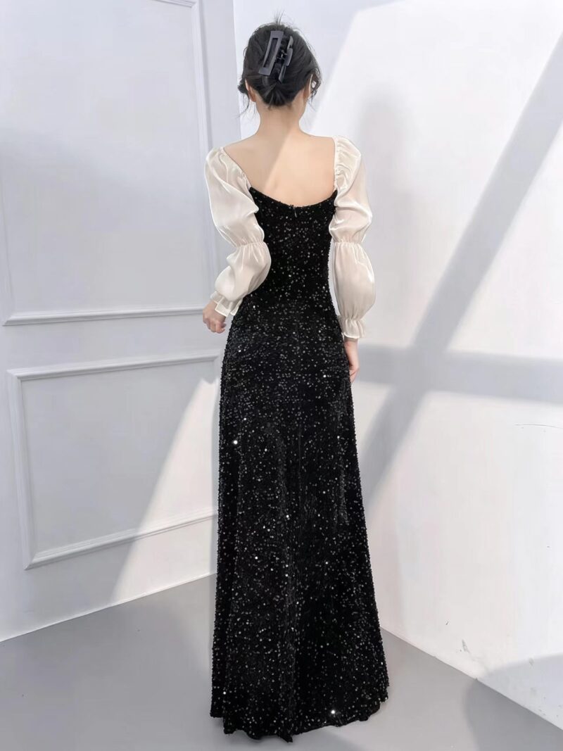 Long-sleeved color-block formal gown