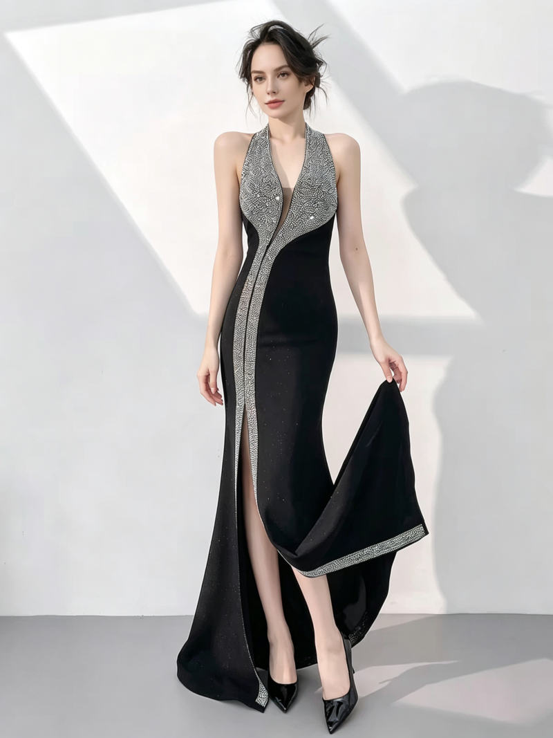 Shimmering Heavy-Industry Black Gown