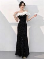 Off-the-shoulder white lace gown