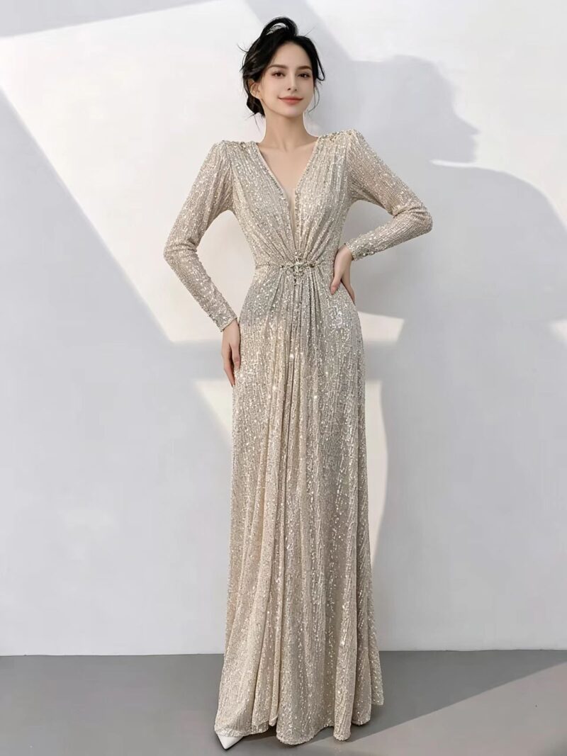 Long-Sleeve Shimmering Fashion Gown