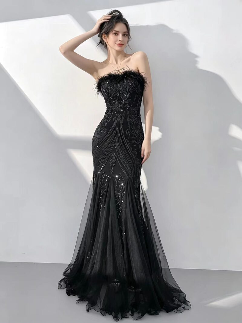 Black off-the-shoulder feather gown