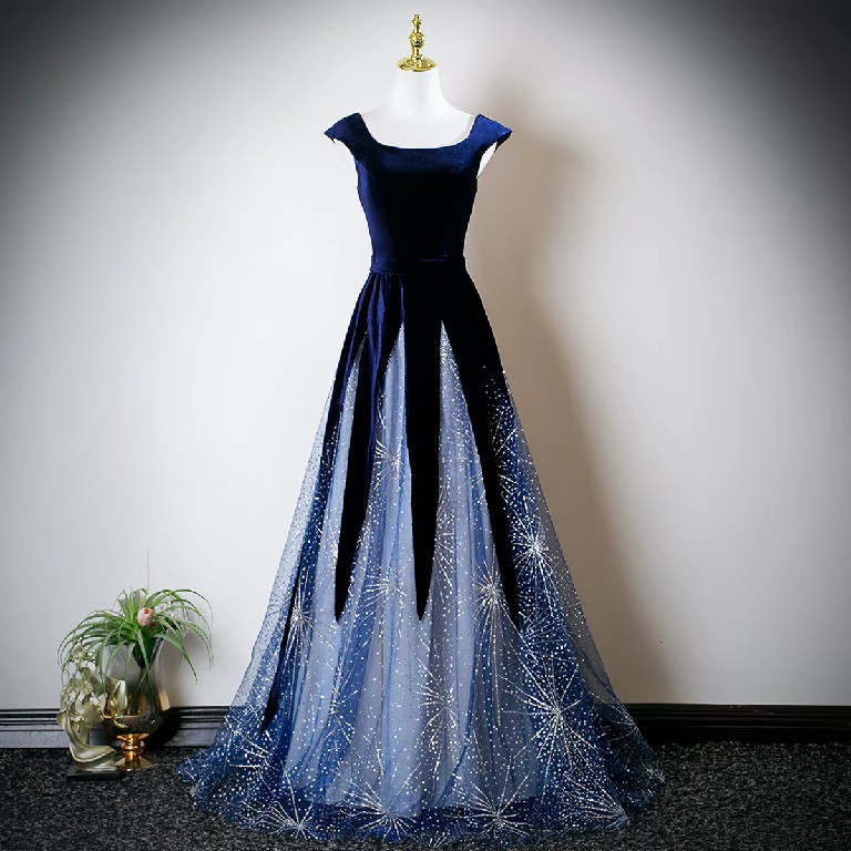 Velvet and Tulle Paneled Gown