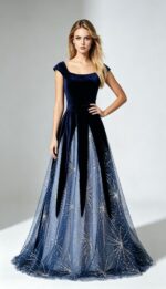Velvet and Tulle Paneled Gown